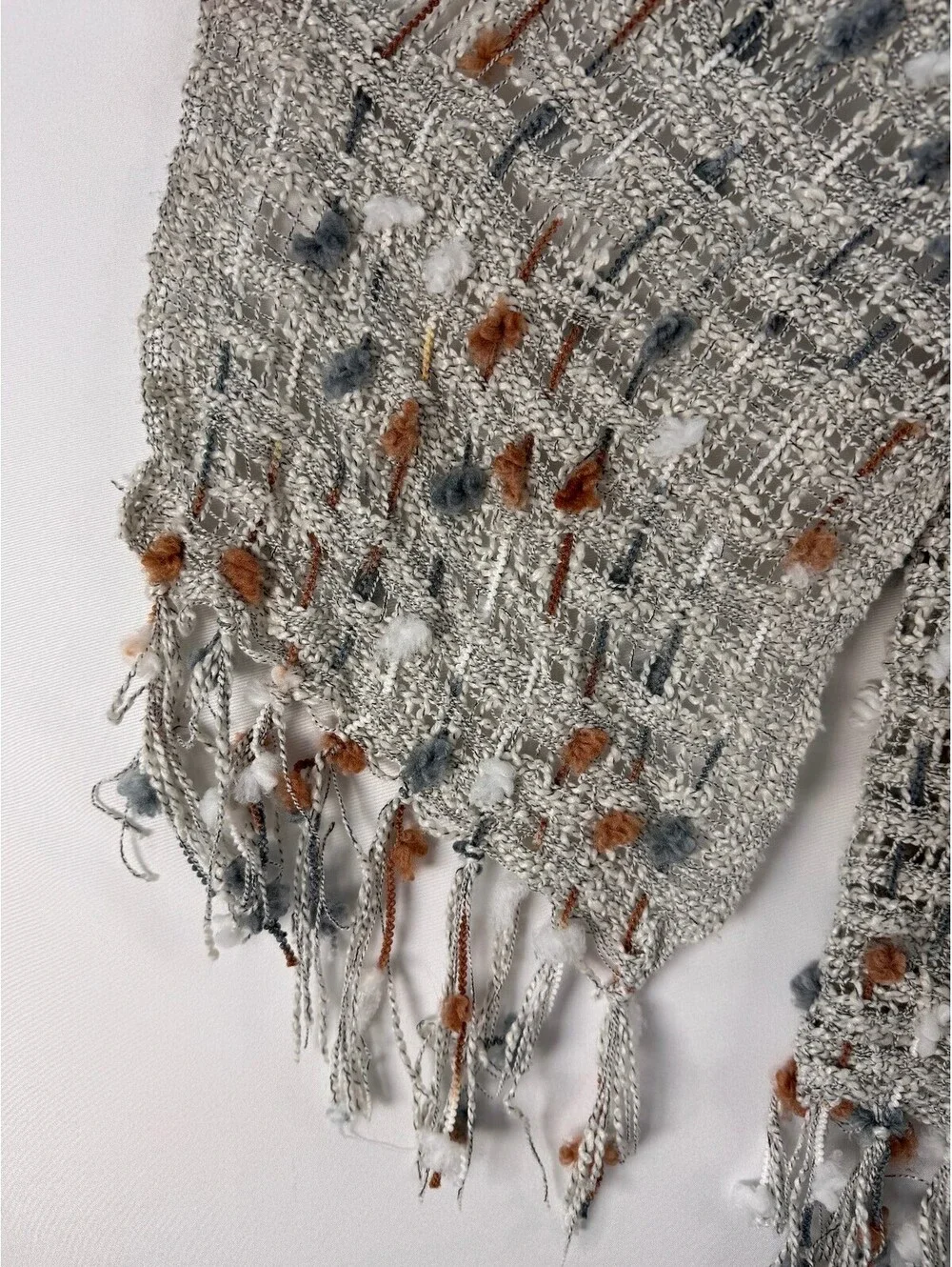 Boho Art Yarn Scarf Textured Gray Rust Fringe Artisan Eclectic Womens Statement